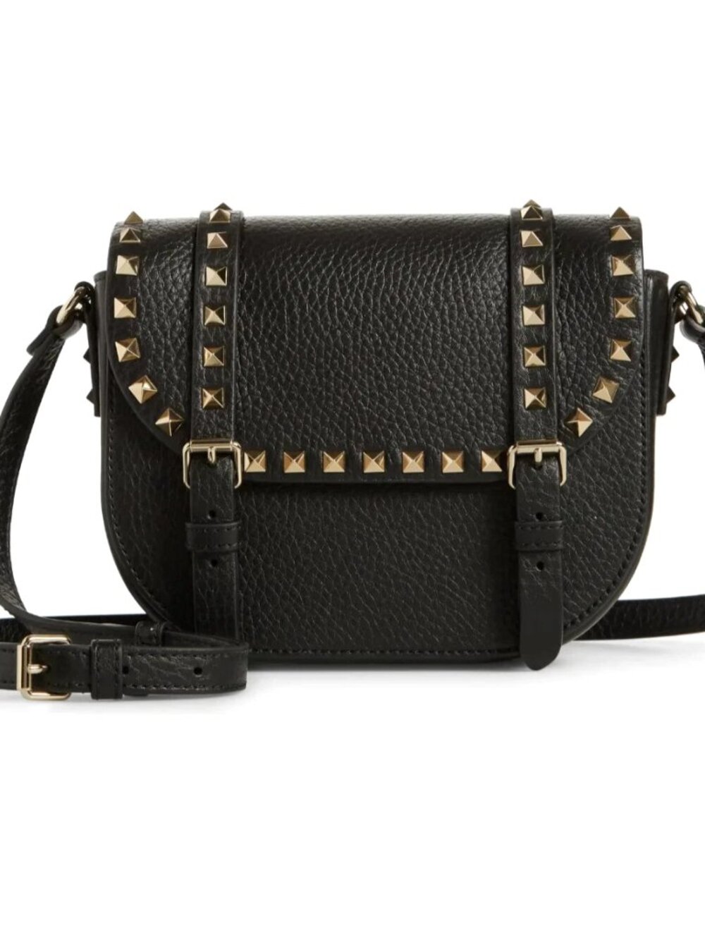 Valentino Garavani Rockstud Black Leather Saddle Crossbody With Gold Studs Bag